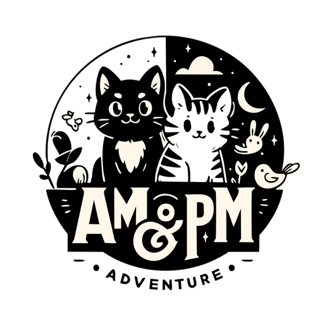 AM & PM Adventure emblem — two cats, day and night